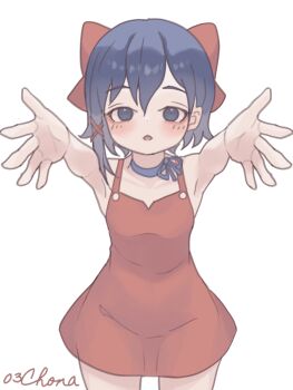 1girl armpits blue_eyes blue_hair bow chonana commentary dress english_commentary hair_bow highres looking_at_viewer miside mita_(miside) open_mouth orange_bow orange_dress outstretched_arms signature simple_background solo tiny_mita_(miside) white_background