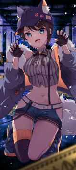 1girl absurdres animal_ear_fluff animal_ears baseball_cap black_nails blue_eyes blue_shorts breasts brown_hair brown_thighhighs claw_pose crop_top fake_animal_ears fingerless_gloves full_body fur-trimmed_jacket fur_trim gloves hat highres hololive jacket kneeling long_sleeves looking_at_viewer medium_breasts midriff nail_polish navel oozora_subaru oozora_subaru_(suspenders) open_clothes open_jacket open_mouth profnote shirt shoes short_hair short_shorts shorts single_thighhigh sleeveless sleeveless_shirt solo striped_clothes striped_shirt thighhighs v-shaped_eyebrows vertical-striped_clothes vertical-striped_shirt virtual_youtuber