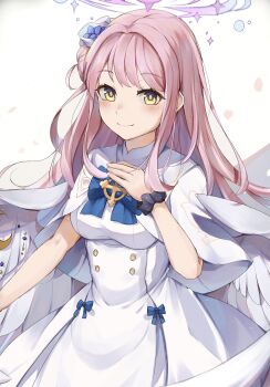 1girl angel_wings blonde_hair blue_archive blue_bow blush bow capelet closed_mouth dress feathered_wings flower gold_trim hair_bun hair_flower hair_ornament halo hand_on_own_chest highres long_hair low_wings mika_(blue_archive) pink_hair pink_halo ra_mun5239 scrunchie simple_background single_hair_bun single_side_bun smile solo very_long_hair white_background white_capelet white_dress white_wings wing_ornament wings wrist_scrunchie