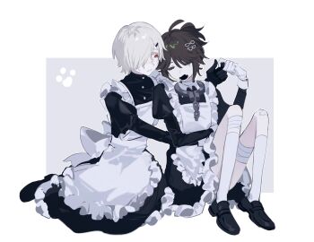 2boys albino alternate_costume andrew_kreiss apron back_bow bandaged_leg bandaged_neck bandages black_gloves black_shoes bow brown_hair chain closed_eyes collar commentary convenient_leg crossdressing crossdressing_(mtf) dress fang frilled_dress frills gloves hair_over_one_eye hand_around_waist highres identity_v interlocked_fingers kneehighs leaning_on_person light_blush loafers luca_balsa maid maid_apron male_focus male_maid metal_collar multiple_boys nki_ki_ki open_mouth parted_lips puffy_sleeves red_eyes scar scar_on_face shoes sitting small_sweatdrop socks striped_blush symbol-only_commentary victorian_maid white_bow white_gloves white_hair yaoi