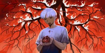 1boy blood blood_from_mouth blood_stain branch burning heart highres holding holding_heart looking_at_object male_focus mole mole_under_eye original poxeii red_background red_eyes shirt tree white_hair white_shirt