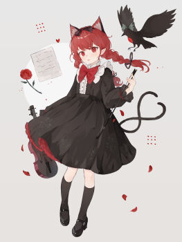 1girl absurdres animal_ear_fluff animal_ears animalization bird black_bird black_dress black_ribbon black_shoes black_socks bow bow_(music) bowtie braid cat_ears cat_tail center_frills commentary crow dress extra_ears falling_petals flower flying frills full_body green_bow grey_background guitar hair_ribbon heart highres holding holding_bow_(music) holding_guitar holding_instrument instrument kaenbyou_rin kneehighs letter long_hair long_sleeves looking_at_viewer mary_janes multiple_tails nekomata open_mouth petals pointy_ears red_bow red_bowtie red_eyes red_flower red_hair red_petals red_rose reiuji_utsuho reiuji_utsuho_(bird) ribbon rose shoes socks tail touhou twin_braids two_tails yuuneka