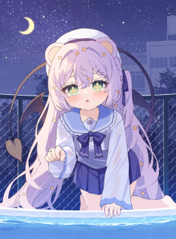1girl all_fours animal_ears bear_ears beret black_one-piece_swimsuit black_wings blue_bow blue_sailor_collar blue_skirt blush bow braid braided_bangs building chain-link_fence commission crescent_moon cross-shaped_pupils demon_girl demon_tail demon_wings fence green_eyes hair_between_eyes hair_bow hair_intakes hat highres la_peche_party long_hair long_sleeves looking_at_viewer moon night night_sky one-piece_swimsuit one_side_up outdoors parted_lips paw_pose pleated_skirt pool poolside purple_hair sailor_collar satsuki_yukimi school_swimsuit school_uniform see-through_clothes see-through_shirt serafuku shirt shizuki_tsumiki skeb_commission skirt sky sleeves_past_wrists solo star_(sky) starry_sky swimsuit swimsuit_under_clothes symbol-shaped_pupils tail very_long_hair virtual_youtuber water wet wet_clothes wet_shirt white_hat white_shirt wings