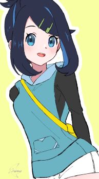 1girl :d aqua_vest bag black_hair black_shirt clip_studio_paint_(medium) commentary eyelashes hair_ornament hairclip happy highres hood hood_down hooded_vest hoodie liko_(pokemon) meru_merume603 nintendo open_mouth outline pokemon pokemon_(anime) pokemon_horizons shirt short_shorts shorts shoulder_bag sidelocks signature smile solo swept_bangs teeth upper_teeth_only vest white_shorts yellow_background yellow_bag