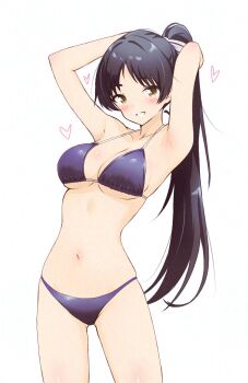 1girl adversarial_noise armpits arms_behind_head arms_up bare_arms bare_shoulders bikini black_hair blush bow breasts cleavage collarbone commentary_request hazuki_ren heart highres hitorilily long_hair looking_at_viewer love_live! love_live!_superstar!! medium_breasts navel open_mouth ponytail purple_bikini sideboob simple_background smile solo stomach swimsuit thighs underboob white_background white_bow wide_hips yellow_eyes