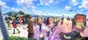 Rule 34 | bird, black hair, blue skirt, blue sky, brown hair, bull, car, cart, cityscape, cloud, day, fisheye, hat, highres, jacket, japanese clothes, kimono, kyoto animation, leaf, long hair, long skirt, motor vehicle, motorcycle, multiple boys, multiple girls, official art, oil-paper umbrella, original, outdoors, phoenix, pink jacket, rabbit, road, scenery, school uniform, short hair, skirt, sky, straw hat, street, umbrella, wide shot, wind