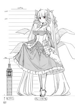 1girl azur_lane bare_shoulders between_breasts bow breasts building chart cleavage clothes_lift detached_sleeves elizabeth_tower formidable_(azur_lane) giant giantess hair_bow height_chart height_mark highres large_breasts lifting_own_clothes lolita_fashion long_hair necktie necktie_between_breasts red_eyes seo_tatsuya size_difference skirt skirt_hold skirt_lift solo tall_female twintails white_hair