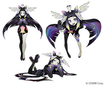 1girl black_dress blonde_hair blunt_bangs blush commentary crown dress english_commentary feathered_wings gradient_hair head_wings highres hololive hololive_english long_hair long_sleeves looking_at_viewer mole mole_under_eye multicolored_hair multiple_views ninomae_ina'nis ninomae_ina'nis_(artist) official_art open_mouth pointy_ears purple_eyes purple_hair self-portrait sidelocks simple_background smile tako_takover_(ninomae_ina'nis) tentacle_hair very_long_hair virtual_youtuber white_background white_wings wings