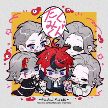 5boys ahoge animalization aotsuki_eito armband black_gloves black_pants black_streaks blood blood_from_mouth blood_on_face blue_eyes blue_jacket border chibi chibi_only chinese_commentary english_text eyeliner gakuran glasses gloves grey_border grey_hair hands_on_own_head highres hood hoodie jacket jacket_over_hoodie last_defense_academy_school_uniform makeup male_focus mixed-language_text multicolored_hair multicolored_jacket multiple_boys multiple_persona official_alternate_hairstyle outside_border pants purple_eyes rabbit red_eyeliner red_hair school_uniform short_hair simple_background smile speech_bubble spoilers streaked_hair sumino_takumi sunglasses sweat tankees the_hundred_line_-last_defense_academy- two-tone_jacket white_armband white_gloves white_jacket yellow_background zombie