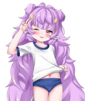 1girl blush cameltoe clothes_lift collarbone cowboy_shot double_bun equus_ignis gym_uniform hair_bun highres horns loli long_hair looking_at_viewer mole muu_muyu navel one_eye_closed phase_connect pink_eyes purple_hair shirt_lift short_shorts shorts solo tongue tongue_out v very_long_hair virtual_youtuber white_background wink