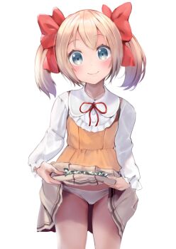 1girl blonde_hair blush breasts clothes_lift commentary_request cowboy_shot dress female_focus hair_between_eyes hair_ribbon head_tilt latina_(uchi_no_musume_no_tame_naraba) lifting_own_clothes loli long_hair long_sleeves looking_at_viewer p_answer panties pleated_skirt presenting ribbon shirt short_twintails simple_background skirt skirt_basket skirt_hold skirt_lift small_breasts smile solo standing thighs twintails uchi_no_musume_no_tame_naraba_ore_wa_moshikashitara_maou_mo_taoseru_kamo_shirenai. underwear upper_body white_background white_panties white_shirt