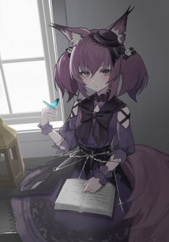 1girl absurdres animal_ear_fluff animal_ears arknights bad_id bad_twitter_id black_bow black_bowtie black_headwear book bow bowtie bug butterfly butterfly_on_hand closed_mouth clothing_cutout dress fox_ears fox_girl fox_tail hair_ornament highres indoors insect kit looking_at_viewer purple_dress purple_eyes shamare_(arknights) sidelocks sitting skull_hair_ornament solo tail two_side_up window wrist_cuffs