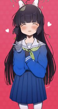 1girl ^_^ ahoge animal_ears black_hair blue_archive blue_serafuku blush caff_(aosui9) closed_eyes commentary cowboy_shot fake_animal_ears gloves green_neckerchief grey_halo halo hands_up heart highres leaf leaf_on_head long_hair long_sleeves miyu_(blue_archive) multicolored_gloves neckerchief open_mouth pantyhose pink_background rabbit_ears sailor_collar school_uniform serafuku simple_background solo standing straight-on two-tone_gloves white_pantyhose white_sailor_collar