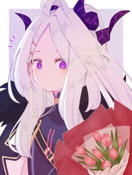 Rule 34 | 1girl, ahoge, black coat, blue archive, blush, border, bouquet, closed mouth, coat, commentary request, demon horns, dress, flower, fur-trimmed coat, fur trim, highres, hina (blue archive), horns, long hair, looking at viewer, no halo, notice lines, outside border, parted bangs, parted lips, purple background, purple dress, purple eyes, simple background, solo, tanutika, upper body, watermark, white border