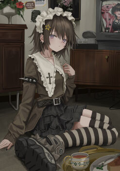 1girl absurdres black_boots black_skirt black_thighhighs boots brown_hair brown_shirt closed_mouth collared_shirt contrast_collar cup frilled_shirt_collar frills full_body gishiki_(gshk) hairband hand_up highres long_sleeves looking_at_viewer original pleated_skirt purple_eyes shirt short_hair sitting skirt solo striped_clothes striped_thighhighs teacup thighhighs wariza white_hairband zettai_ryouiki
