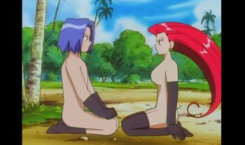 1boy 1girl absurdres commentary cosplay english_commentary highres james_(pokemon) jessie_(pokemon) jessie_(pokemon)_(cosplay) non-web_source nude nude_filter third-party_edit