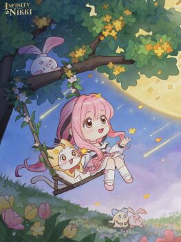 +_+ 1girl animal artist_request bare_shoulders belt black_belt black_bow black_ribbon blue_sky blunt_bangs blushbunny_(infinity_nikki) bow bowtie bra_strap brown_eyes cat chibi choker cloak clothed_animal cloud commentary copyright_logo cross-laced_clothes cross-laced_legwear dot_nose ear_covers english_commentary eyelashes falling_petals field floating_hair flower flower_field frilled_shirt frilled_skirt frilled_sleeves frills full_moon hair_bow hair_ribbon happy highres hood hood_up hooded_cloak infinity_nikki kneehighs light_blush logo long_hair long_sidelocks long_sleeves low_twintails mary_janes medium_skirt meteor_shower momo_(nikki) moon navel nikki_(nikki) nikki_(series) off-shoulder_shirt off_shoulder official_art on_swing open_mouth outdoors outstretched_hand pawpads perfect_start_(infinity_nikki) petals piecey pink_choker pink_flower pink_hair pink_ribbon pink_shoes pink_skirt print_sleeves puffy_long_sleeves puffy_sleeves rabbit red_bow red_bowtie ribbon ribbon_legwear second-party_source shirt shoes sidelocks sitting skirt sky sleeves_past_wrists smile snowflake_print socks sparkling_eyes swing swinging_on_swing tareme teeth traditional_bowtie tree tress_ribbon tulip twilight twintails upper_teeth_only very_long_hair wavy_hair white_cat white_shirt white_socks yellow_cloak yellow_flower