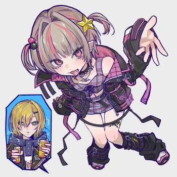 1boy 1girl arm_belt bat_necklace belt belt_buckle black_belt black_collar black_jacket black_leg_warmers black_straps blonde_hair blue_hood blunt_bangs blush breasts buckle can clothes_writing collar collarbone colored_inner_hair commentary crop_top cross-laced_clothes cross-laced_top drawstring drink_can earclip fang from_above full_body green_eyes grey_hair hair_intakes hair_ornament hair_over_one_eye hairclip highres holding holding_can hood hood_down hoodie jacket jewelry lapels leg_belt leg_tattoo leg_warmers looking_at_viewer loose_belt makaino_ririmu makaino_ririmu_(6th_costume) maomao737 midriff miniskirt multicolored_hair multicolored_hair_bobbles multiple_belts navel necklace nijisanji no_headwear notched_lapels o-ring_collar open_clothes open_jacket open_mouth outstretched_hand pendant pink_belt pink_hair pink_jacket pink_shoes pink_skirt pink_streaks plaid_clothes plaid_skirt pleated_skirt pocket pointy_ears print_hoodie red_eyes shoes short_hair simple_background sitting skirt sleeves_past_fingers sleeves_past_wrists small_breasts smile solo_focus spiked_collar spikes spoken_character star_(symbol) star_hair_ornament streaked_hair studded_belt symbol-only_commentary tattoo thigh_strap two-sided_fabric two-sided_jacket two-tone_hair two_side_up unbuttoned unzipped upturned_eyes uzuki_kou uzuki_kou_(5th_costume) virtual_youtuber white_background white_hoodie winged_heart winged_heart_tattoo wolf_cut yellow_trim