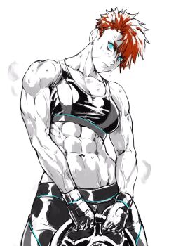 1girl abs bare_arms bare_shoulders biceps blue_eyes breasts broad_shoulders earrings exercising female_focus freckles gloves highres jewelry linea_alba looking_at_viewer medium_breasts midriff muscular muscular_female navel obliques orange_hair original partially_colored reverse_trap robusta_mania short_hair simple_background solo sports_bra sportswear spot_color standing sweat sweatdrop veins veiny_arms white_background