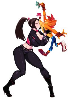 1girl absurdres animal_nose black_gloves black_jacket black_jumpsuit black_pants body_fur breast_zipper breasts brown_hair cleavage crash_bandicoot crash_bandicoot_(series) crop_top cropped_jacket crossover fatal_fury fatal_fury:_city_of_the_wolves furry furry_male gloves high_ponytail highres jacket jdwalkrat jumpsuit kiss large_breasts leather leather_pants long_hair mistletoe navel orange_fur pants partially_unzipped ponytail print_jacket shiranui_mai simple_background snk two-tone_fur