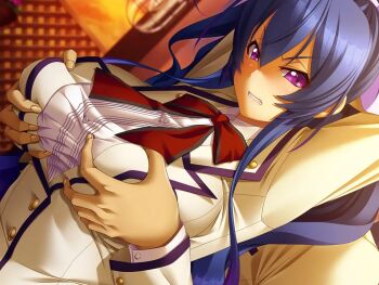 1girl angry arms_up bishop_(company) blue_hair body_control breasts female_focus game_cg grabbing_another&#039;s_breast groping kutsujoku large_breasts long_hair purple_eyes ribbon school_uniform toujou_mahiro