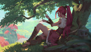1girl bracer branch cherry_tree cliff commentary dao_trong_le dappled_sunlight day english_commentary full_body grass grasslands hair_ornament hair_tubes highres hill laces long_hair looking_at_self moss neck_tattoo obi on_grass original outdoors ponytail profile red_hair red_skirt rock sandals sash shin_guards shirt sidelocks single_hair_tube sitting skirt sleeveless sleeveless_shirt solo stone_lantern sunlight tattoo tree tree_hollow tying under_tree white_shirt white_trim