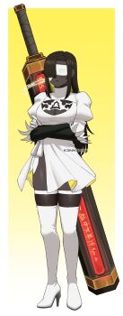 1girl 2b_(nier:automata) 2b_(nier:automata)_(cosplay) absurdres artist_name black_hair black_skin blindfold boots breasts cleavage_cutout clothing_cutout colored_skin commentary cosplay crossed_arms crossover dark-skinned_female dark_skin dress english_commentary gradient_background greatsword high_heel_boots high_heels highres holding huge_weapon k3nnyn3v limbus_company nier:automata nier_(series) project_moon puffy_sleeves solo standing sword thigh_boots two-handed two-handed_sword weapon white_boots white_dress yellow_background zilu_(project_moon)