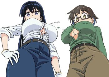 2girls arato_nagi belt black-framed_eyewear black_belt black_hair blue_eyes blue_hair breasts brown_eyes brown_hair brown_pants bursting_breasts button_gap cleavage commentary denim earrings expressionless flying_button from_below glasses gloves green_shirt highres imari_youko jeans jewelry large_breasts long_hair looking_at_viewer looking_down mugi0913 multicolored_hair multiple_girls pants popped_button ruri_no_houseki semi-rimless_eyewear shirt short_hair simple_background stud_earrings symbol-only_commentary two-tone_hair under-rim_eyewear underboob wardrobe_malfunction white_background white_gloves white_shirt