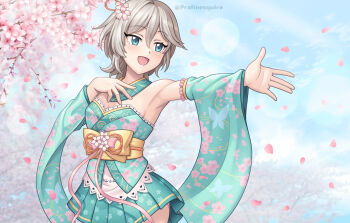 1girl anastasia_(idolmaster) armpits bare_shoulders blue_eyes cherry_blossoms commentary_request detached_sleeves grey_hair idolmaster japanese_clothes kimono outstretched_arm pralinesquire