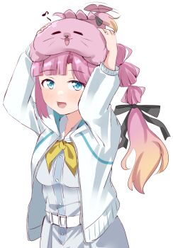 1girl :d =_= absurdres animal animal_on_head animal_with_hair animalization anyoji_hime black_ribbon blonde_hair blue_eyes commentary dress dual_persona eighth_note gradient_hair grey_dress hair_ribbon hashtag-only_commentary hasu_no_sora_school_uniform highres hood hooded_jacket jacket lamchan link!_like!_love_live! long_hair long_sleeves looking_at_viewer love_live! multi-tied_hair multicolored_hair musical_note on_head open_clothes open_jacket open_mouth person_and_animalization pink_hair ponytail ribbon sailor_collar sailor_dress school_uniform seal_(animal) simple_background smile summer_uniform tail tail_wagging virtual_youtuber white_background white_jacket white_sailor_collar