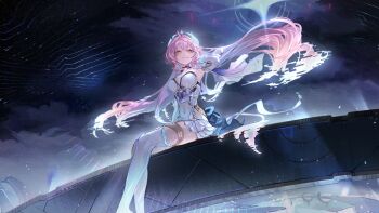 1girl aemeath_(wuthering_waves) arm_up blue_hair breasts closed_mouth commentary_request covered_navel digital_dissolve dress full_body gradient_hair guest_art highres hitohachan long_hair looking_to_the_side medium_breasts multicolored_hair night outdoors pink_hair short_dress sitting sky smile solo star_(sky) starry_sky thighs very_long_hair white_dress wuthering_waves yellow_eyes