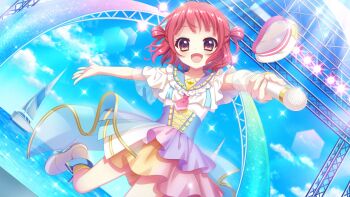 1girl :d arch beret blue_corset blue_sky boat boots brown_eyes cloud corset day dot_nose dutch_angle film_grain frilled_shirt frills game_cg gradient_clothes gradient_skirt hair_rings hat head_tilt holding holding_microphone horizon idol idol_clothes izumi_tsubasu layered_skirt looking_at_viewer microphone multicolored_skirt necktie non-circular_lens_flare non-web_source official_art open_mouth outdoors outstretched_arms pink_necktie purple_skirt re:stage! red_hair sailboat see-through_clothes see-through_skirt_layer shirt short_hair short_necktie skirt sky smile solo sorano_neon sparkle spread_arms stage stage_lights standing standing_on_one_leg sunlight unworn_headwear watercraft white_boots white_hat white_shirt white_skirt yellow_skirt