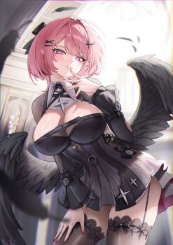 1girl absurdres black_bow black_dress black_feathers black_shrug black_thighhighs black_wings blush bow breasts chinese_commentary chromatic_aberration cleavage commentary_request cowboy_shot dress feathered_wings feathers fingernails hair_bow hair_intakes hand_on_own_thigh hand_up highres indoors kmos large_breasts leaning_forward long_fingernails long_hair long_sleeves looking_at_viewer low_wings nail_polish paid_reward_available parted_lips partial_commentary pink_eyes pink_hair pointy_ears red_nails remielle_dan short_dress shrug_(clothing) sidelocks smile solo thighhighs thighs wings zenless_zone_zero