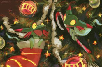 black_eyes candy candy_cane christmas christmas_ornaments christmas_stocking christmas_tree closed_eyes dreepy floating food gen_8_pokemon highres nintendo no_humans oisisabatugun open_mouth pokemon pokemon_(creature) star_(symbol)