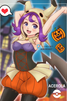 1girl :3 absurdres acerola_(fall_2020)_(pokemon) acerola_(pokemon) animal_hood arms_up black_corset black_pantyhose bloomers blush breasts collarbone corset cosplay full_moon gen_7_pokemon halloween halloween_costume haunted_house_(attraction) heart highres hood house jack-o&#039;-lantern looking_at_viewer mimikyu mimikyu_(cosplay) misune_art moon night night_sky nintendo open_mouth orange_bloomers pantyhose poke_ball_symbol pokemon pokemon_masters_ex pumpkin purple_eyes purple_hair purple_shirt shirt short_hair skirt sky small_breasts smile speech_bubble spoken_heart standing strapless stretching tail underwear window yellow_hood yellow_skirt