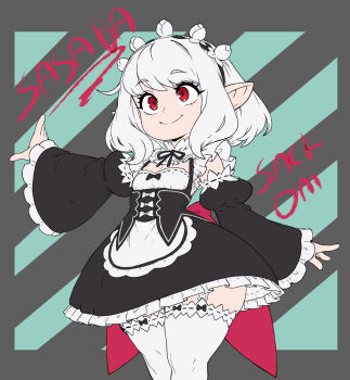 1girl apron artist_name black_dress black_hairband breasts character_name closed_mouth commission detached_sleeves dress eyebrows_hidden_by_hair final_fantasy final_fantasy_xiv garter_belt hairband highres lalafell looking_ahead maid medium_hair pointy_ears red_eyes red_ribbon ribbon sackoni small_breasts smile solo thighhighs waist_apron waist_ribbon warrior_of_light_(ff14) white_apron white_hair white_thighhighs