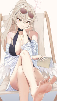 1girl absurdres bare_legs bare_shoulders barefoot black_one-piece_swimsuit blue_archive blush book breasts breasts_apart brown_eyes brown_hair closed_mouth collarbone commentary covered_erect_nipples crossed_legs earrings eyes_visible_through_hair eyewear_on_head feet hair_between_eyes hair_intakes halo hand_up highres holding holding_book hoop_earrings jewelry large_breasts legs lkovn956271 long_hair long_sleeves looking_at_viewer nagisa_(blue_archive) nagisa_(swimsuit)_(blue_archive) necklace official_alternate_costume official_alternate_hairstyle one-piece_swimsuit pink_halo plunging_neckline ponytail shirt shirt_partially_removed sidelocks simple_background sitting smile smug soles solo split_mouth sunglasses swimsuit toenails toes tsurime white_background white_shirt