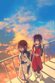 2boys animal animal_on_shoulder belt bird bird_on_shoulder black_hair boots brown_hair cloud coat gundam gundam_seed gundam_seed_destiny hair_between_eyes kira_yamato knee_boots light_smile male_focus military_uniform multiple_boys non-humanoid_robot purple_eyes railing red_coat red_eyes robot robot_animal robot_bird seed0x0 shinn_asuka short_hair sky sleeve_cuffs torii_(gundam) white_coat zaft_uniform