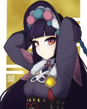 1girl arms_up black_hair blunt_bangs bonnet breasts capelet chinese_clothes commentary_request dress genshin_impact hair_ornament hands_up hat highres long_hair long_sleeves looking_at_viewer makeup purple_hair red_eyes simple_background solo tassel vision_(genshin_impact) yonao yun_jin_(genshin_impact)