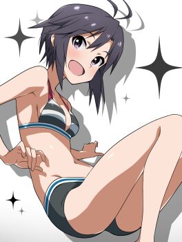 1girl :d absurdres antenna_hair armpits bare_shoulders bikini black_bikini black_hair blush commentary curled_fingers drop_shadow falling feet_out_of_frame groin hair_between_eyes highres idolmaster idolmaster_(classic) kikuchi_makoto knees_up light_blush looking_at_viewer looking_to_the_side midriff navel open_mouth purple_eyes short_hair sidelocks smile solo sparkle striped_bikini striped_clothes swimsuit tokiani tomboy white_background white_bikini