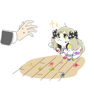 1other animal animal_focus animalization ap_bar bow clothed_animal dog grey_hair handa_roco headphones headphones_around_neck idolmaster idolmaster_million_live! long_hair looking_at_another paint_on_body paw_print polka_dot polka_dot_bow simple_background sparkle sweatdrop white_background wooden_floor yellow_eyes