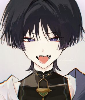 Rule 34 | 1boy, :p, black bodysuit, blue cape, blunt ends, bodysuit, cape, eyeliner, fangs, genshin impact, grey background, grey pupils, hashtag-only commentary, highres, japanese clothes, kimono, looking at viewer, makeup, male focus, mandarin collar, portrait, purple eyes, red eyeliner, sakana ( sakanasakana), scaramouche (genshin impact), shoulder peek, solo, straight-on, teeth, tongue, tongue out, twitter username, wanderer (genshin impact), white kimono, wispy bangs