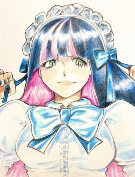 1girl aqua_eyes blue_bow blue_hair blue_nails blunt_bangs bow breasts bright_pupils ciel_(heartsynth) collared_shirt colored_inner_hair colored_pencil_(medium) hair_bow hands_up highres juliet_sleeves large_breasts light_blush light_smile long_hair long_sleeves looking_to_the_side multicolored_hair panty_&amp;_stocking_with_garterbelt pink_hair pink_streaks puffy_sleeves shirt solo stocking_(psg) streaked_hair traditional_media two-tone_hair upper_body white_background white_headdress white_pupils