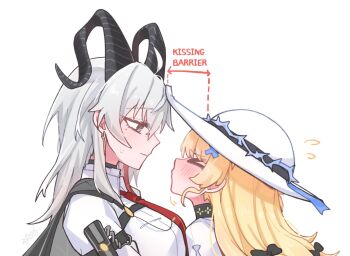 &gt;_&lt; 2girls arm_pouch black_eyes black_horns blonde_hair blush breasts closed_mouth commentary_request curled_horns dated derivative_work earrings english_text flying_sweatdrops from_side grey_hair hat height_difference horns imminent_kiss jewelry key_earrings large_breasts long_hair looking_at_another mole mole_under_eye multiple_girls necktie phoebe_(wuthering_waves) red_necktie shirt signature simple_background smile starblame sweatdrop white_background white_hat white_shirt wuthering_waves yuri zani_(wuthering_waves)