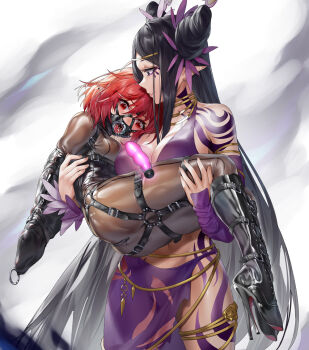 2girls applying_gag armbinder arms_behind_back black_hair bodysuit bound bound_arms bound_legs breasts character_request clenched_teeth dildo_gag drooling dungeon_and_fighter gag gagged ginklaga large_breasts latex latex_bodysuit legbinder long_hair medium_hair multiple_girls navel open_mouth plug_gag pointy_ears red_eyes red_hair restrained skin_tight small_breasts standing stomach tattoo teeth tongue tongue_out very_long_hair