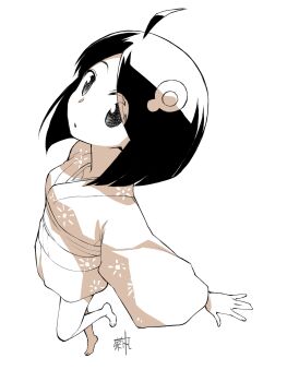 1girl \||/ absurdres ahoge araragi_tsukihi artist_name barefoot black_hair blunt_ends bob_cut breasts commentary dancing egg_hair_ornament fisheye food-themed_hair_ornament foreshortening fried_egg from_above from_side full_body hair_ornament highres japanese_clothes kikumaru_bunta kimono long_sleeves looking_at_viewer looking_to_the_side looking_up monochrome monogatari_(series) nisemonogatari obi outstretched_arms parted_bangs parted_lips sash sepia short_hair short_kimono signature simple_background small_breasts solo toes translated white_background wide_sleeves