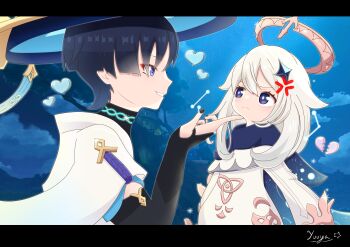 1boy 1girl absurdres anger_vein annoyed armor arms_at_sides black_bridal_gauntlets black_hair black_nails blue_cape blue_hat blue_sky blue_sleeves blunt_ends bodysuit bridal_gauntlets bright_pupils broken_heart building cape choppy_bangs closed_mouth commentary_request diamond_hair_ornament eyelashes eyeliner flirting game_screenshot_background genshin_impact glint gold hair_between_eyes halo hand_on_another's_chin hand_up hat heart hetero highres index_finger_raised japanese_armor japanese_clothes jingasa kimono kote kurokote layered_sleeves long_hair long_sleeves looking_at_another makeup mechanical_halo moonlight night outdoors paimon_(genshin_impact) pink_halo purple_eyes purple_rope red_eyeliner romper rope scaramouche_(genshin_impact) screenshot_background short_sleeves sky smirk split_mouth star_(sky) starry_sky sumeru_city teasing tree turtleneck turtleneck_bodysuit wanderer_(genshin_impact) white_hair white_kimono white_pupils white_romper white_sleeves yuuya_meiqyuu