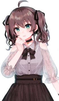 Rule 34 | 1girl, ahoge, black bow, black bowtie, black choker, blush, bow, bowtie, brown hair, brown skirt, choker, clothing cutout, collared shirt, dot nose, earrings, flower earrings, green eyes, grey shirt, hair between eyes, high-waist skirt, highres, hololive, jewelry, lace, lace sleeves, lips, natsuiro matsuri, natsuiro matsuri (casual), nekohara choco, official alternate costume, official alternate hairstyle, plaid clothes, plaid shirt, puffy sleeves, see-through clothes, see-through sleeves, shirt, shoulder cutout, skirt, solo, twintails, virtual youtuber, wavy hair, white background