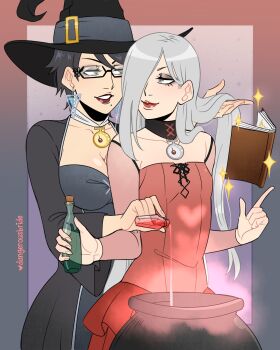 2girls alternate_costume amulet artist_name bayonetta bayonetta_(series) bayonetta_2 black_hair book bottle breasts cauldron choker cleavage collarbone dangerousbride dress earrings eyeshadow female_focus flat_chest glasses hair_over_one_eye hat heart highres holding holding_bottle implied_yuri jeanne_(bayonetta) jewelry large_breasts lipstick long_hair makeup mole mole_under_mouth multiple_girls parted_lips potion short_hair silver_hair smile sparkle vial witch witch_hat