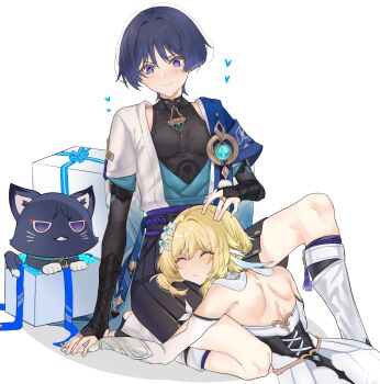 1boy 1girl anemo_symbol_(genshin_impact) animal_print animalization arm_at_side arm_cutout armor armpits artistic_error belt bird_print black_belt black_bodysuit black_bow black_bridal_gauntlets black_cat black_corset black_shorts blonde_hair blue_cape blue_gem blue_kimono blue_ribbon blue_sleeves blue_trim blunt_ends bodysuit bow box bridal_gauntlets bright_pupils cape cat closed_eyes closed_mouth clothing_cutout corset couple covered_collarbone cross-laced_clothes cross-laced_corset detached_sleeves dress eyeliner eyeshadow facing_to_the_side feather_hair_ornament feathers fingernails flower furisode gem genshin_impact gift gift_box gold grey_hair hair_flower hair_intakes hair_ornament hakama hakama_shorts hand_on_another's_hand hand_up heart hetero highres hip_vent japanese_armor japanese_clothes juban kimono knee_up kote kurokote lap_pillow layered_sleeves leg_warmers light_blush looking_at_another lumine_(genshin_impact) lying makeup mandarin_collar middle_ring on_stomach open_clothes open_kimono pectorals person_and_animalization pleated_shorts pom_pom_(clothes) purple_eyes purple_rope purple_sash red_eyeliner red_eyeshadow ribbon rope sash scaramouche_(cat)_(genshin_impact) scaramouche_(genshin_impact) short_hair short_hair_with_long_locks short_sleeves shorts shoulder_blades shoulder_peek sidelocks sitting smile sweatdrop tassel traditional_media user_ktkx2272 vambraces vision_(genshin_impact) wanderer_(genshin_impact) white_background white_dress white_feathers white_flower white_kimono white_leg_warmers white_pupils white_sleeves white_trim wispy_bangs